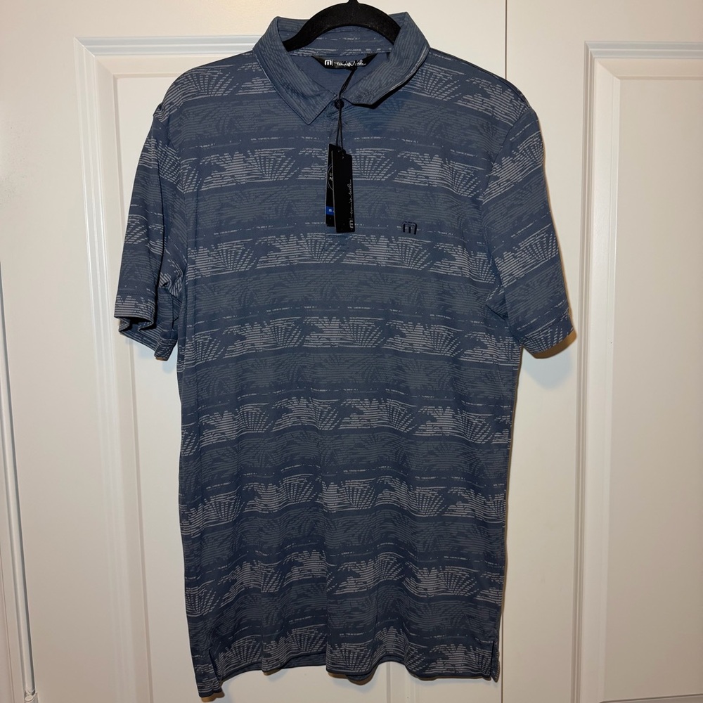 TravisMathew Men's Slate Blue Patterned Polo Golf Logo embroidered